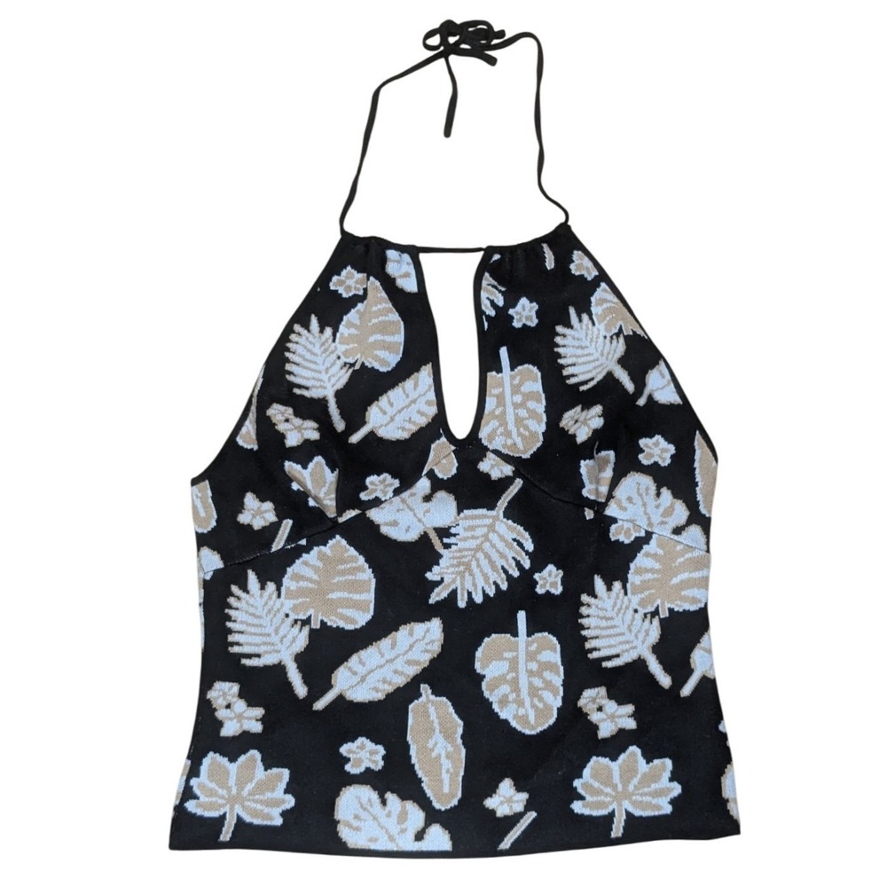 Black Halter Tank Top with Leaf Print